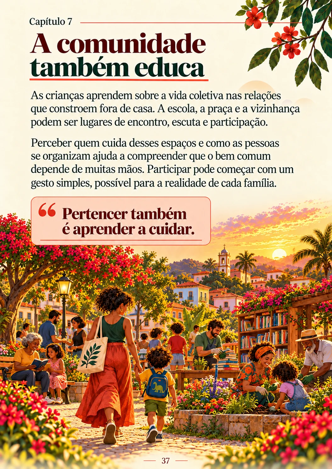 Ilustração do ebook: mãe e filho numa praça onde a comunidade se reúne